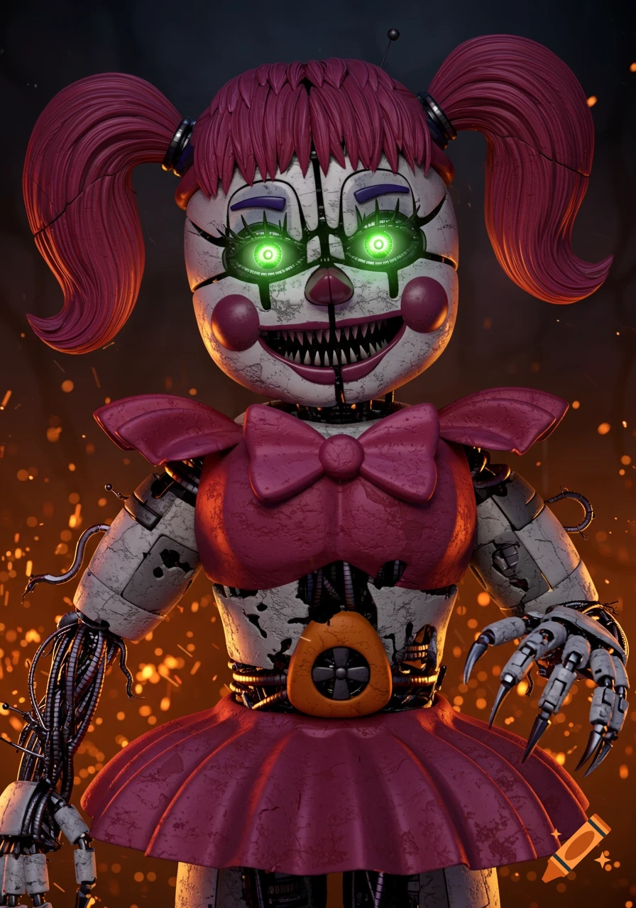 Creepy animatronic clown doll with pink pigtails, glowing green eyes, sharp teeth, and damaged body in a dark, spooky setting.