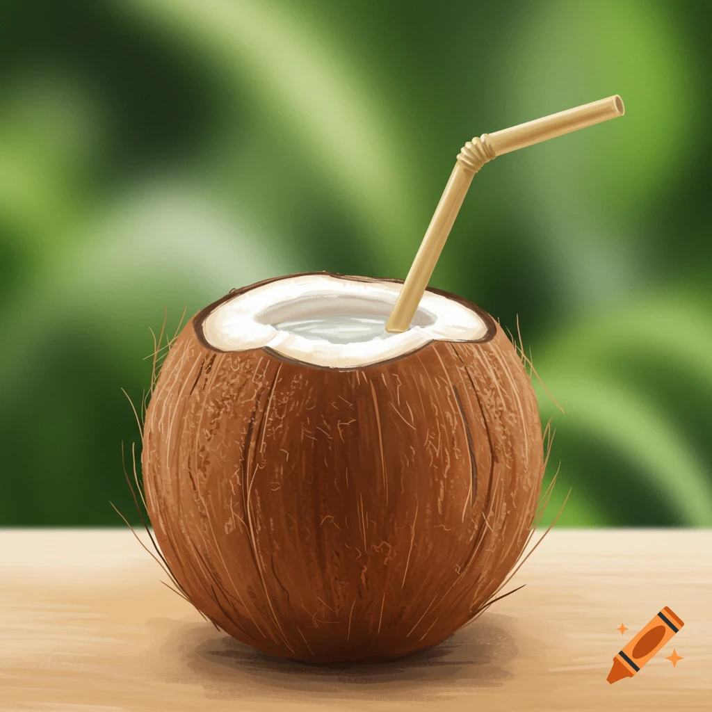 Illustration of a coconut drink with a straw on a table.