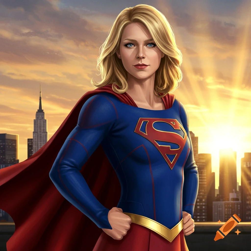 Supergirl stands with hands on hips, city skyline behind her at sunset, digital art.