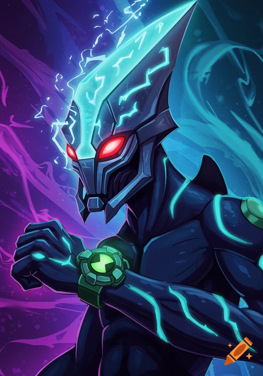 Ben 10 alien character with glowing blue head and markings, wearing an Omnitrix.