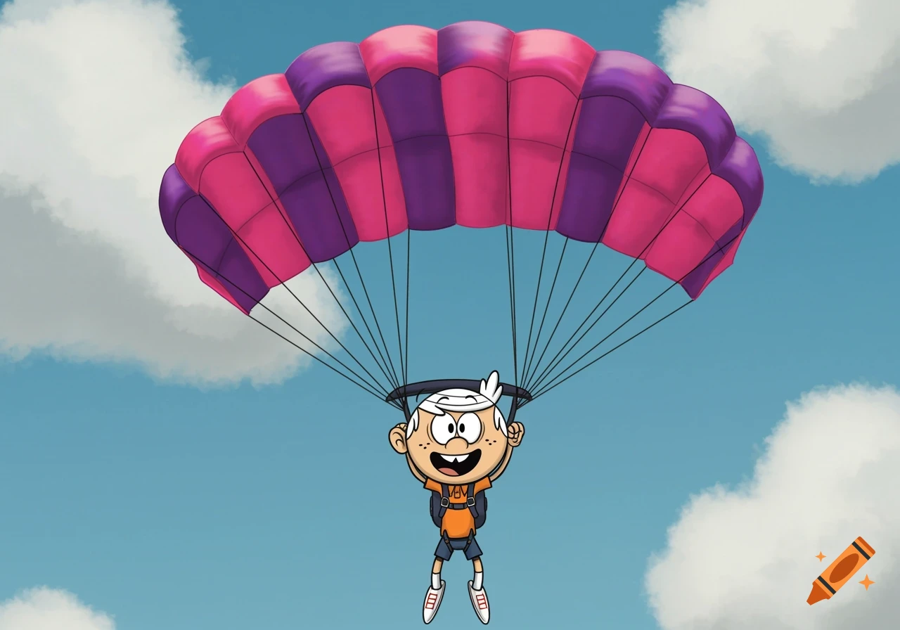 Cartoon character Lincoln Loud skydiving with a pink and purple parachute against a blue sky with clouds.