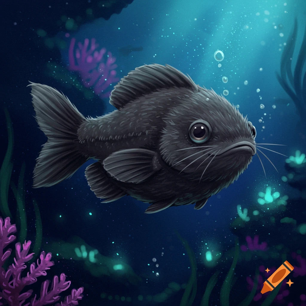 A dark, furry fish with whiskers swims in deep blue water with coral.