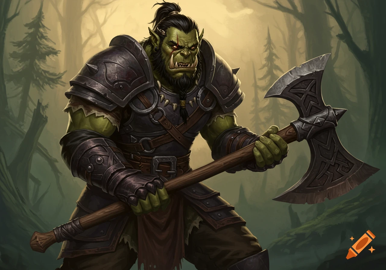 An orc warrior with a scar holds a battle axe in a forest.