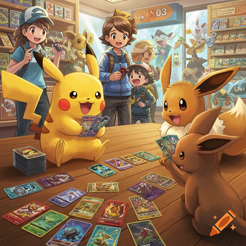 Pikachu, Eevee, and Pokemon trainers play the Pokemon Trading Card Game in a store, anime style.