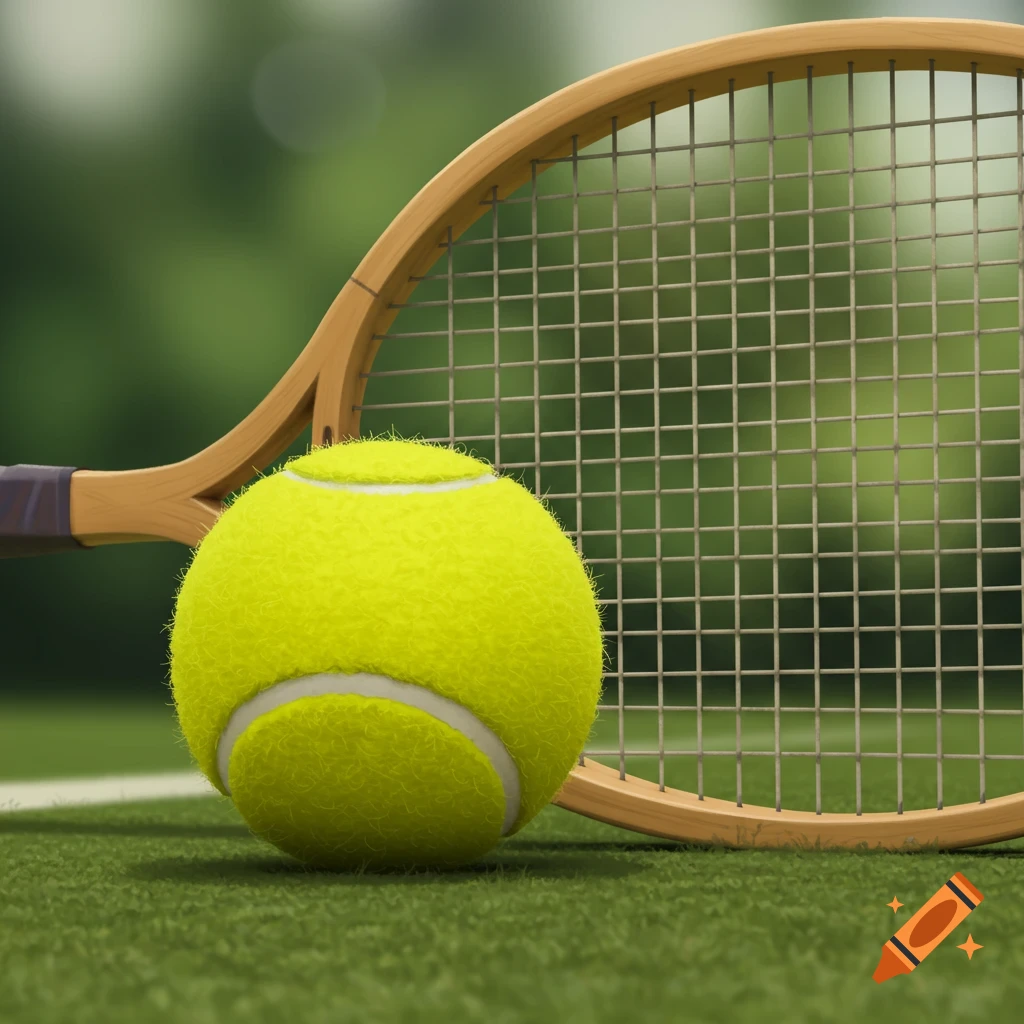 A bright yellow tennis ball sits in front of a wooden tennis racket on green grass.
