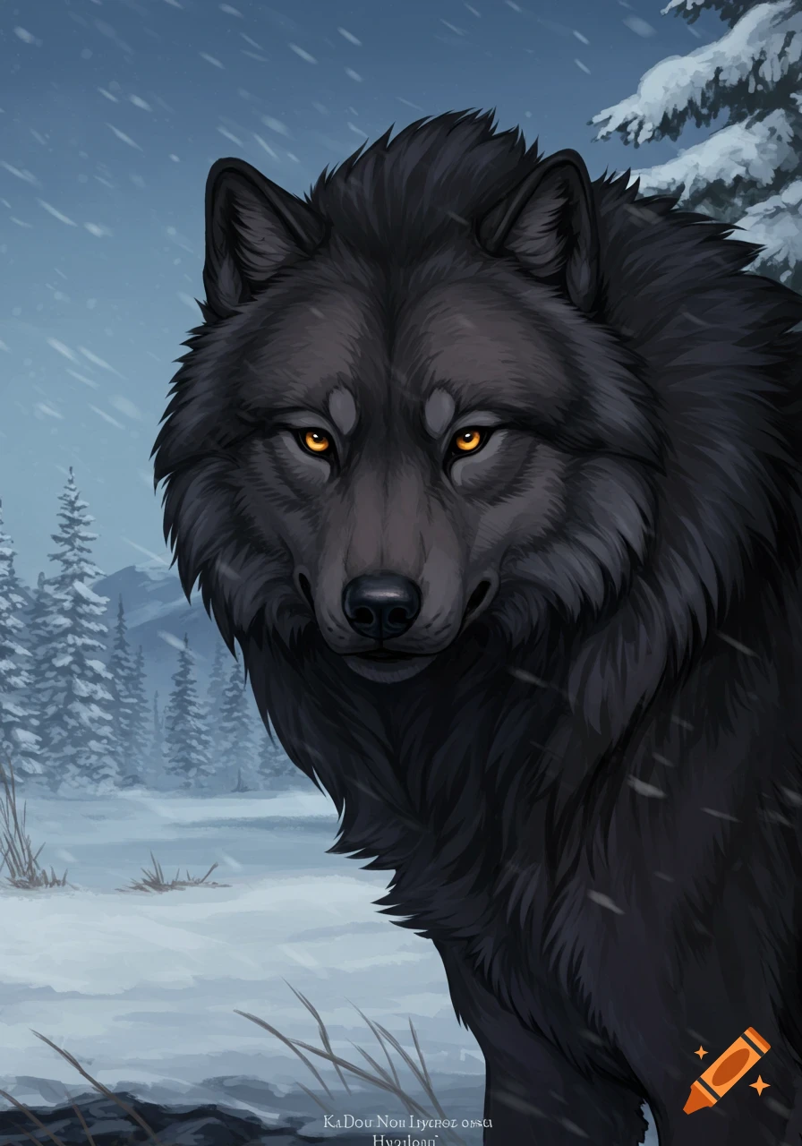 A black wolf with glowing yellow eyes in a snowy forest.