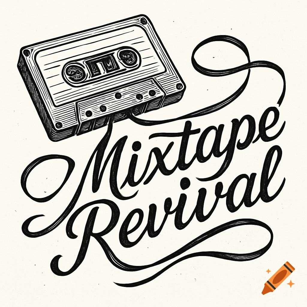 Black and white line art illustration of a cassette tape unwinding, forming the text 'Mixtape Revival' in a retro style.