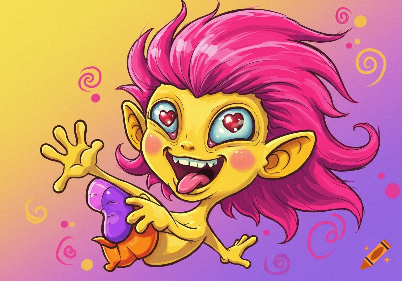 Cartoon drawing of a yellow alien creature with pink hair and heart eyes, waving, on a colorful background.