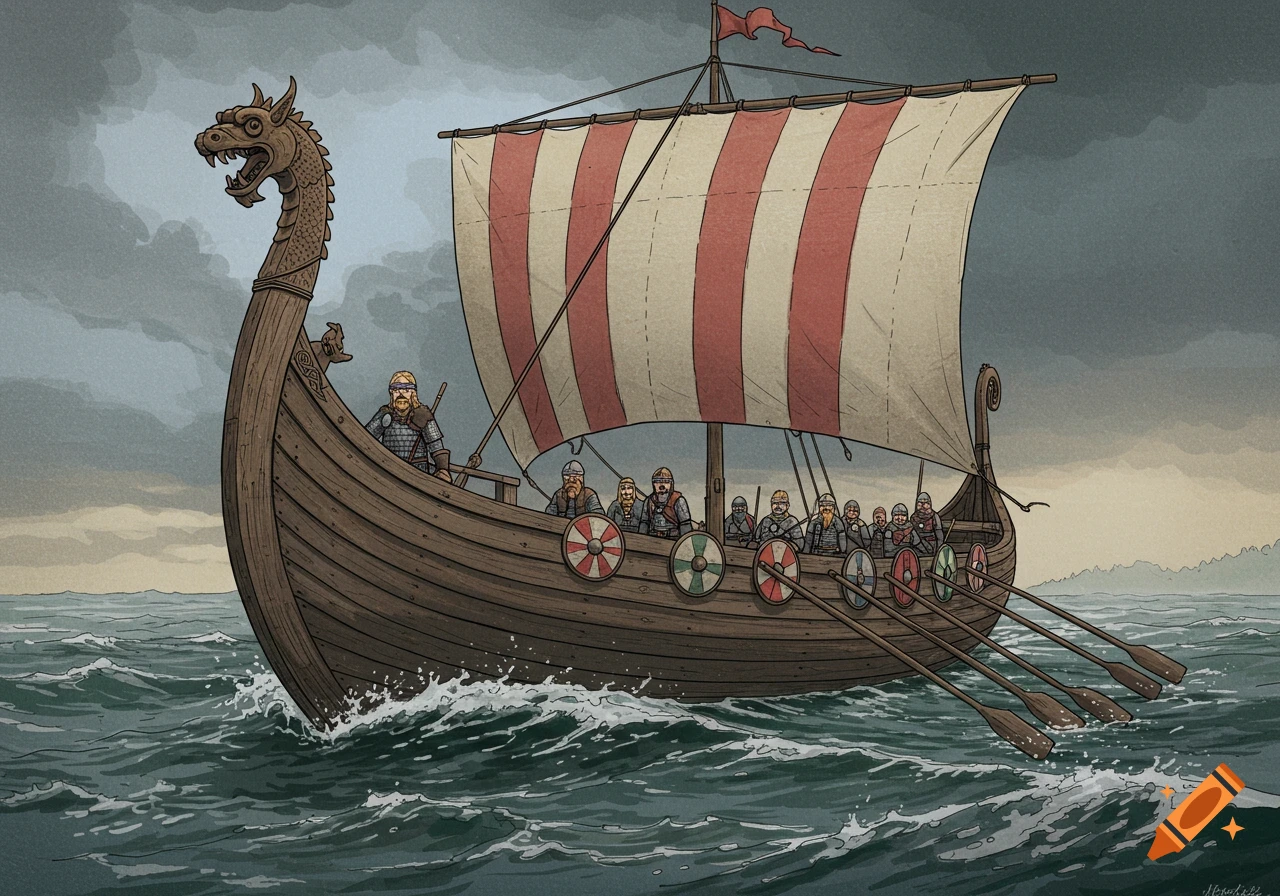 Illustration of a Viking longship with a dragon head prow sailing on choppy seas, rowed by many Vikings.