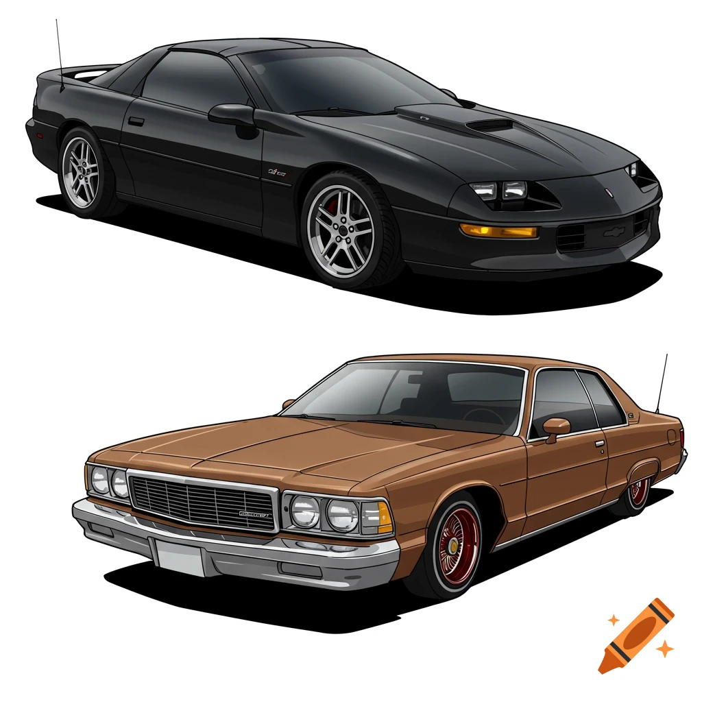 Vector illustration of a black Chevy Camaro and a brown Chevy Impala lowrider.