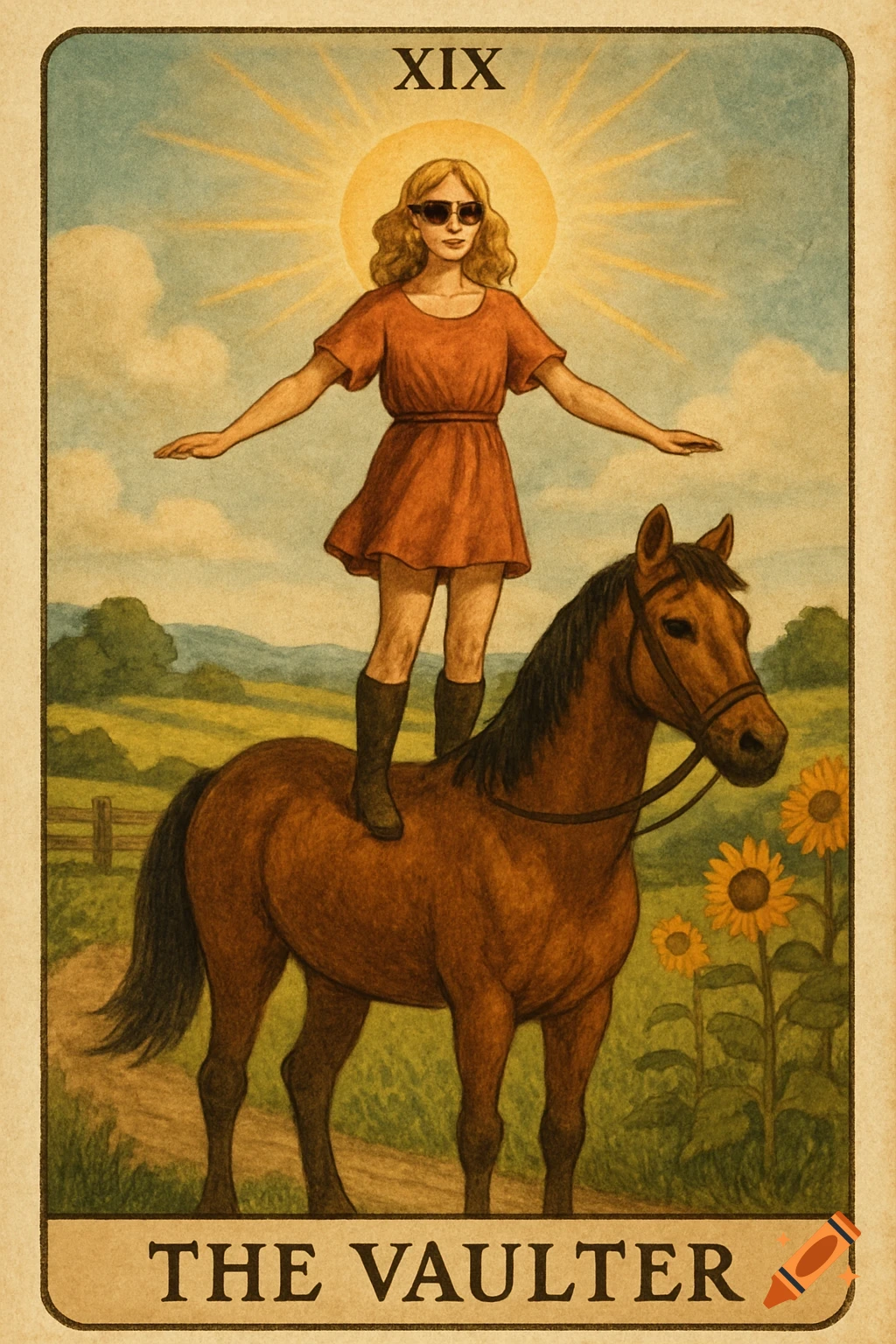 Tarot card illustration of a woman in sunglasses standing on a horse in a field of sunflowers with title 'The Vaulter'
