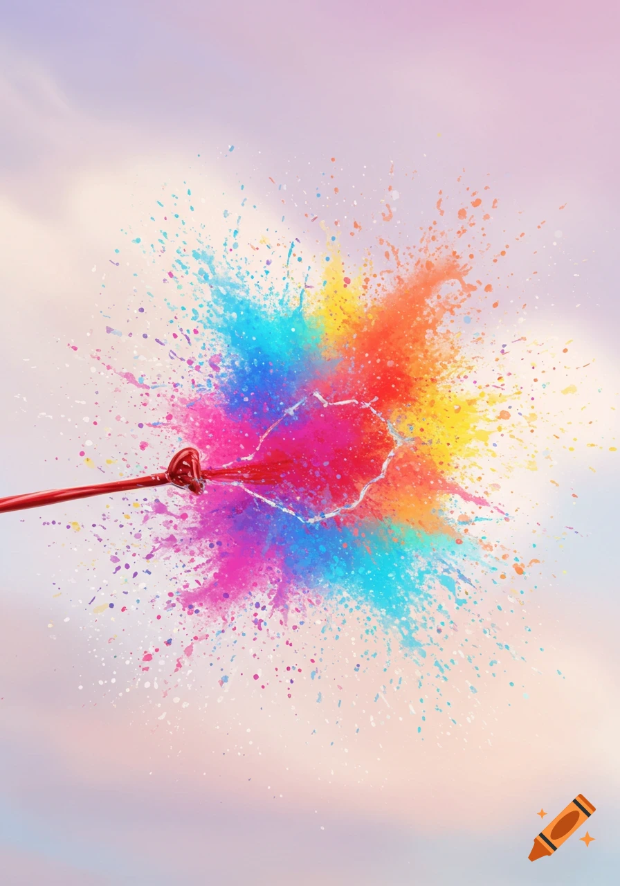 Vibrant splash of colorful powder or paint exploding from a red object against a soft sky background.