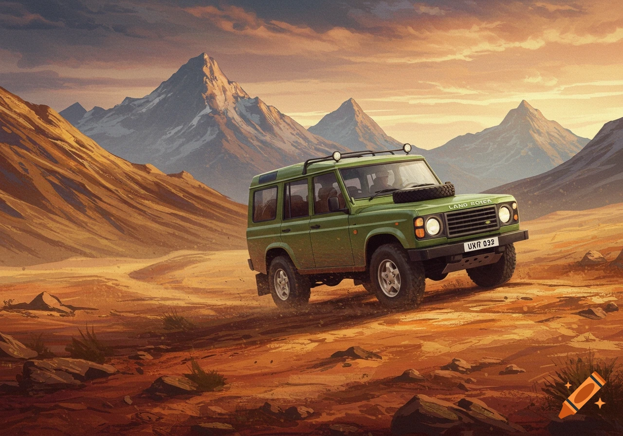 Green Land Rover drives on a dirt road through a desert landscape with mountains at sunset in a painted style.