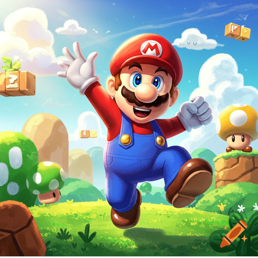 Mario jumps in a colorful Super Mario landscape
