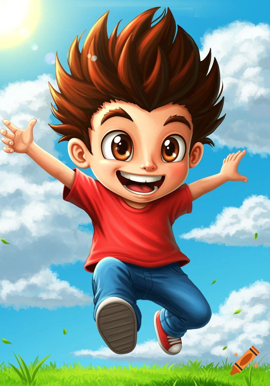 Cartoon boy jumping in a grassy field under a bright sky.