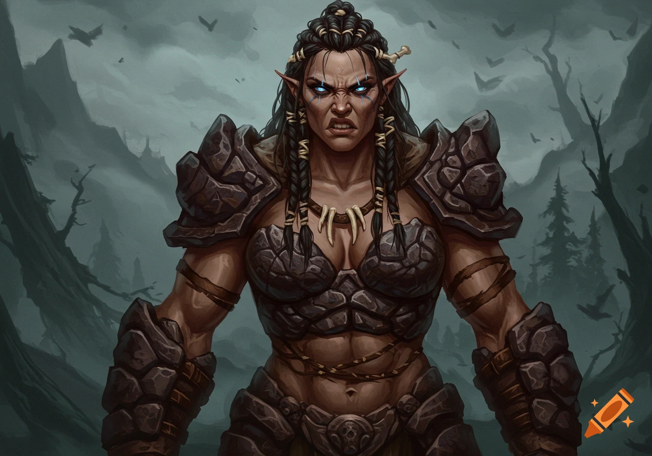 Portrait of a fierce female fantasy warrior in stone armor