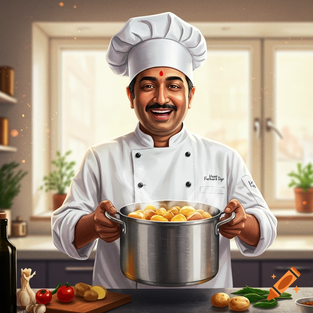 A chef smiles while holding a pot of potatoes in a kitchen.