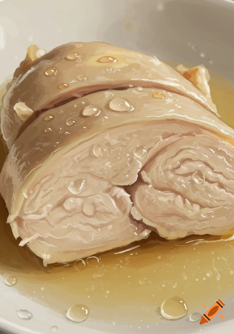 Close-up illustration of sliced boiled chicken with broth and water droplets