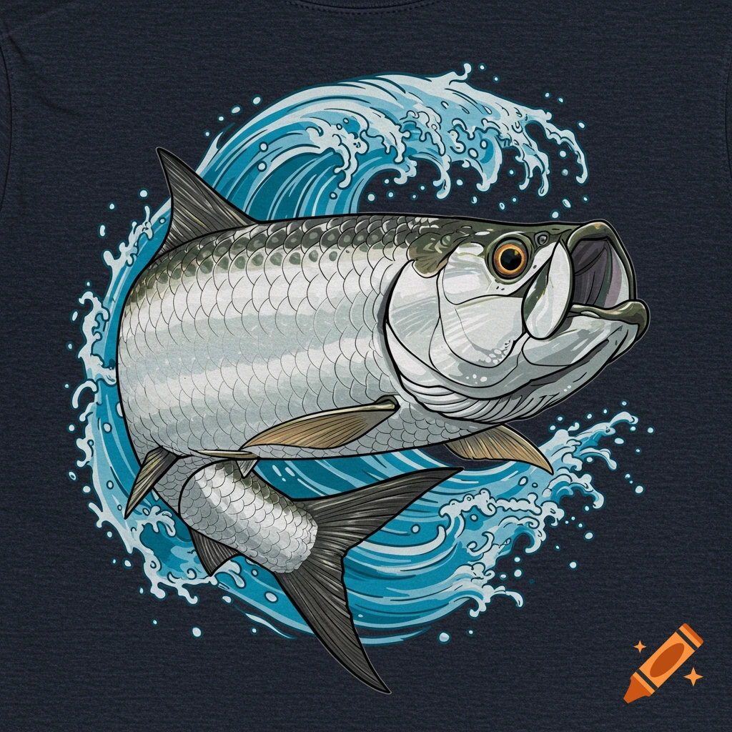 Artistic illustration of a Tarpon fish jumping out of the water with waves.