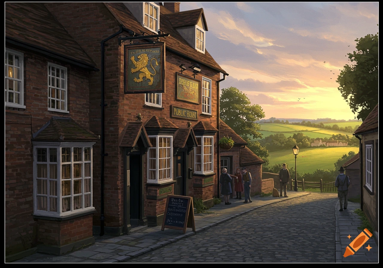 An 1823 public house with people outside on a cobblestone road overlooking a green landscape at sunset.