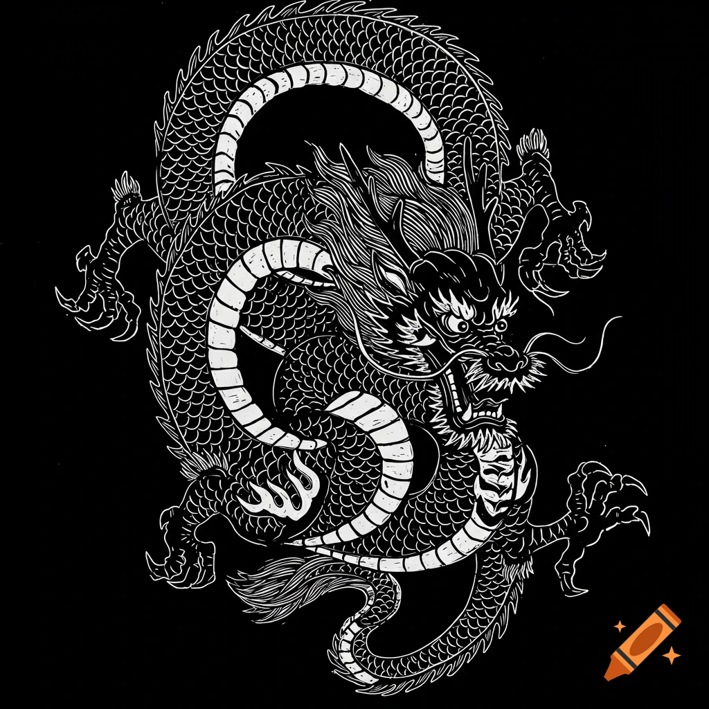 Black and white linocut illustration of a Chinese dragon against a black background.