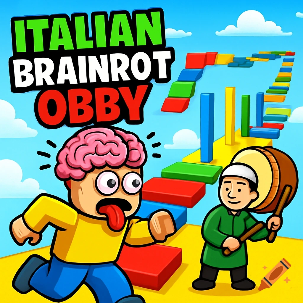 Cartoon character with exposed brain running on an obby course, another character playing a drum, text 'Italian Brainrot Obby'.