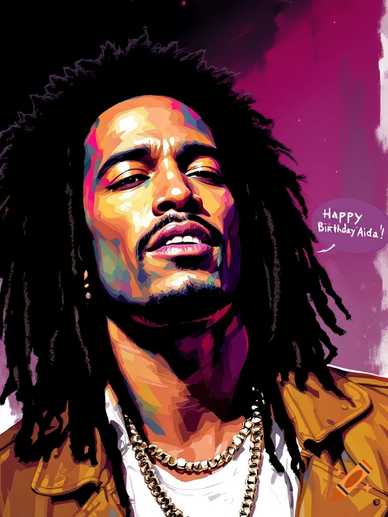Pop art style portrait of a man with dreadlocks and a chain, with a speech bubble saying 'Happy Birthday Aida!'
