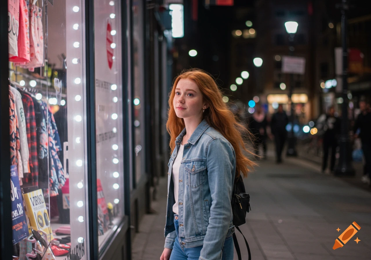 A girl with red hair in a denim jacket looks at a shop window at night.