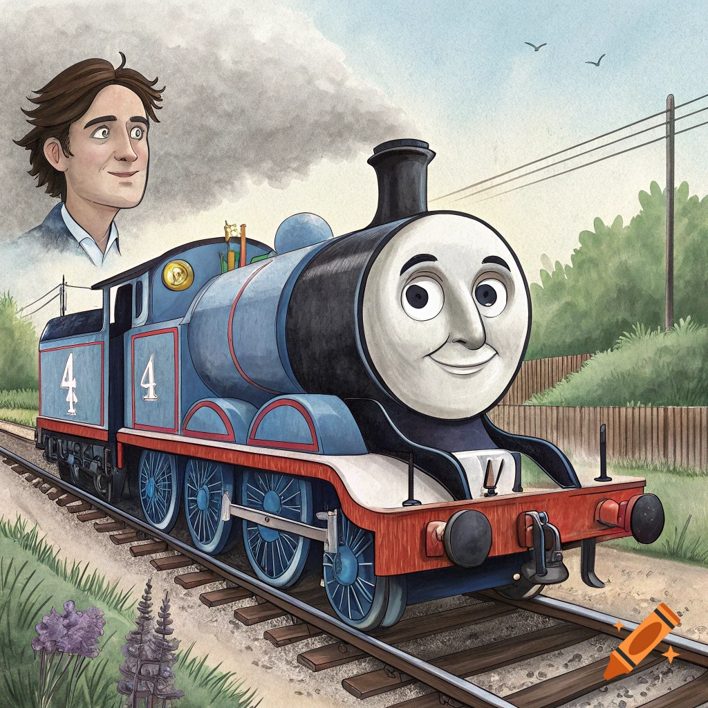 Watercolor illustration of a blue cartoon train with a face, numbered 4, on tracks next to a floating human head.