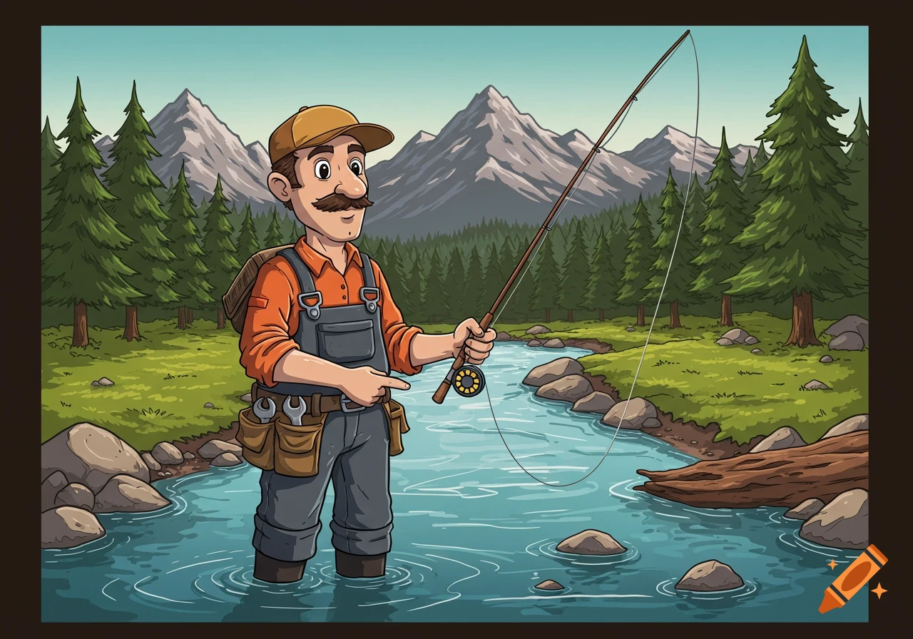 A cartoon illustration of a man fly fishing in a mountain river. on Craiyon