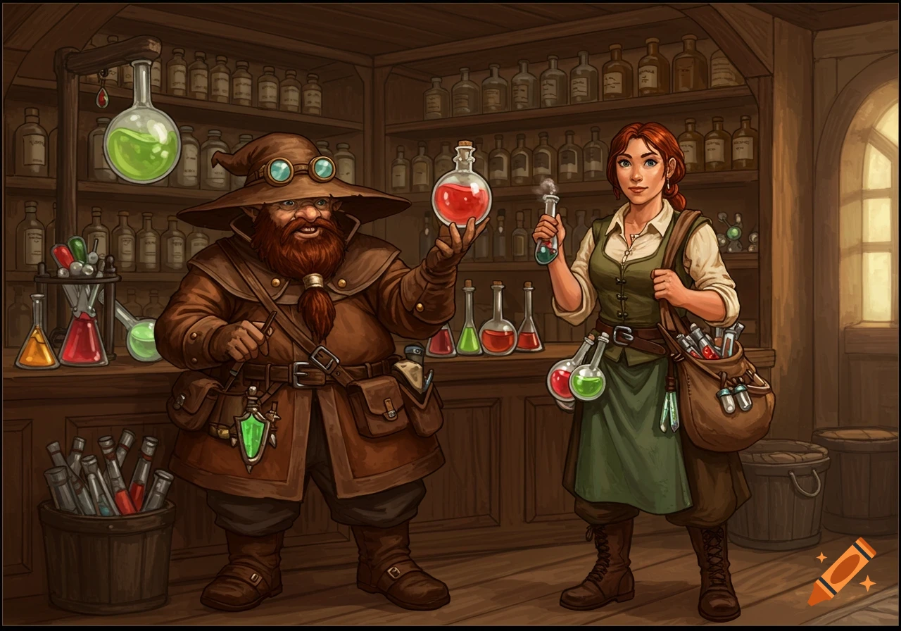 A gnome and a human alchemist hold vials of potion in their shop.