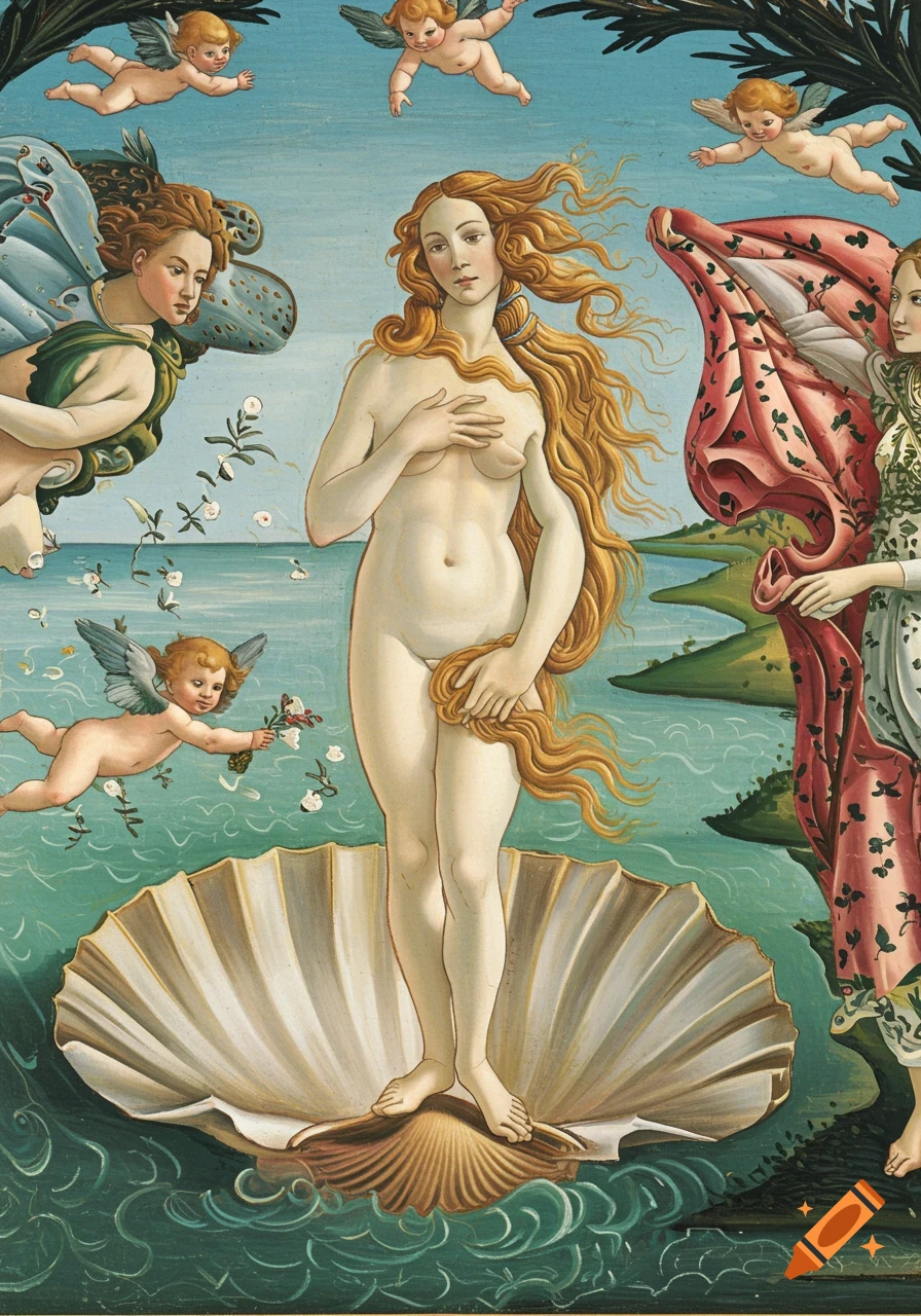 A classical painting of Venus standing on a shell, surrounded by cherubs and figures on the shore.