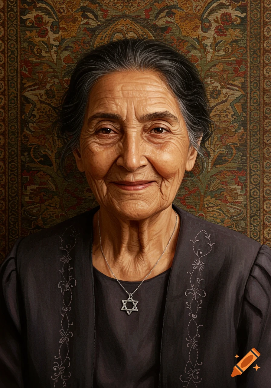 A portrait of an older woman wearing a Star of David necklace against a patterned background.