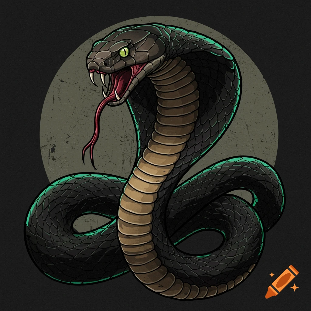 Tattoo style illustration of a cobra with hood spread and tongue out.