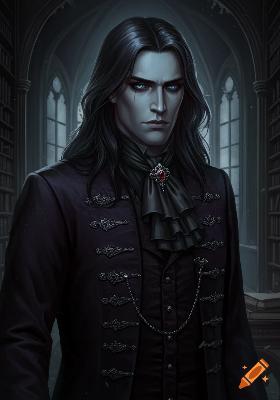 Portrait of a pale man with long dark hair and glowing blue eyes in dark gothic clothing, in a library setting.
