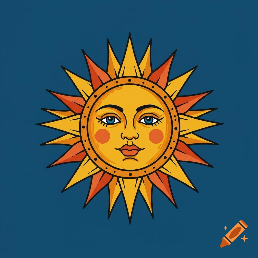Stylized sun with a face in American traditional tattoo style on a blue background.