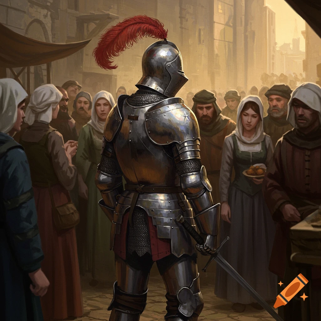 A knight in gleaming armor stands amidst a crowd in a medieval market, viewed from behind.