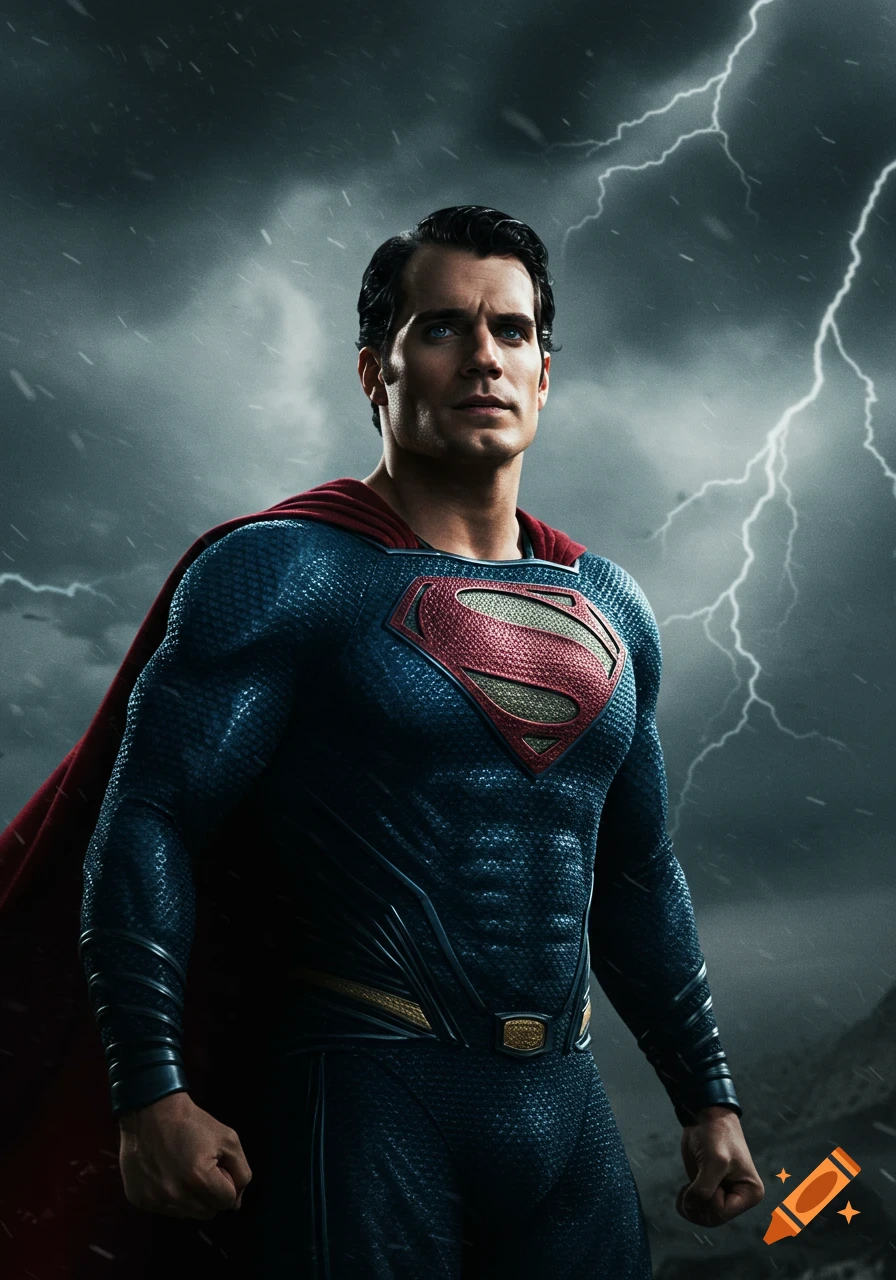 A photorealistic image of Superman standing in a storm with lightning.