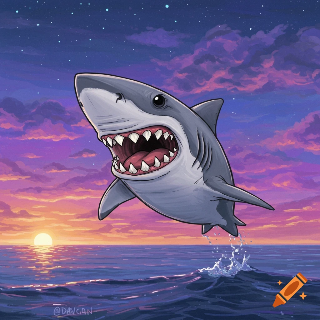 A cartoon illustration of a shark jumping out of the ocean at sunset.