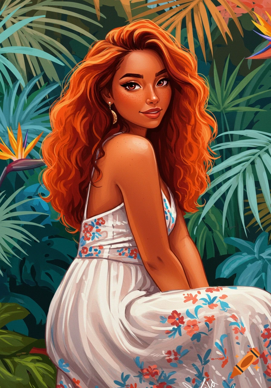 Illustration of a woman with long red hair sitting in a tropical setting.