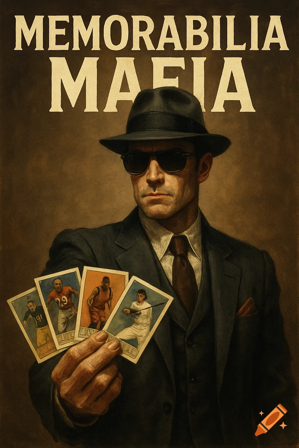 Man in suit and hat holding sports trading cards, with 'Memorabilia Mafia' text