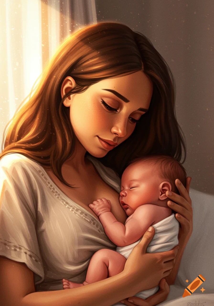 A mother holding a newborn baby close, bathed in warm light in a digital painting style.