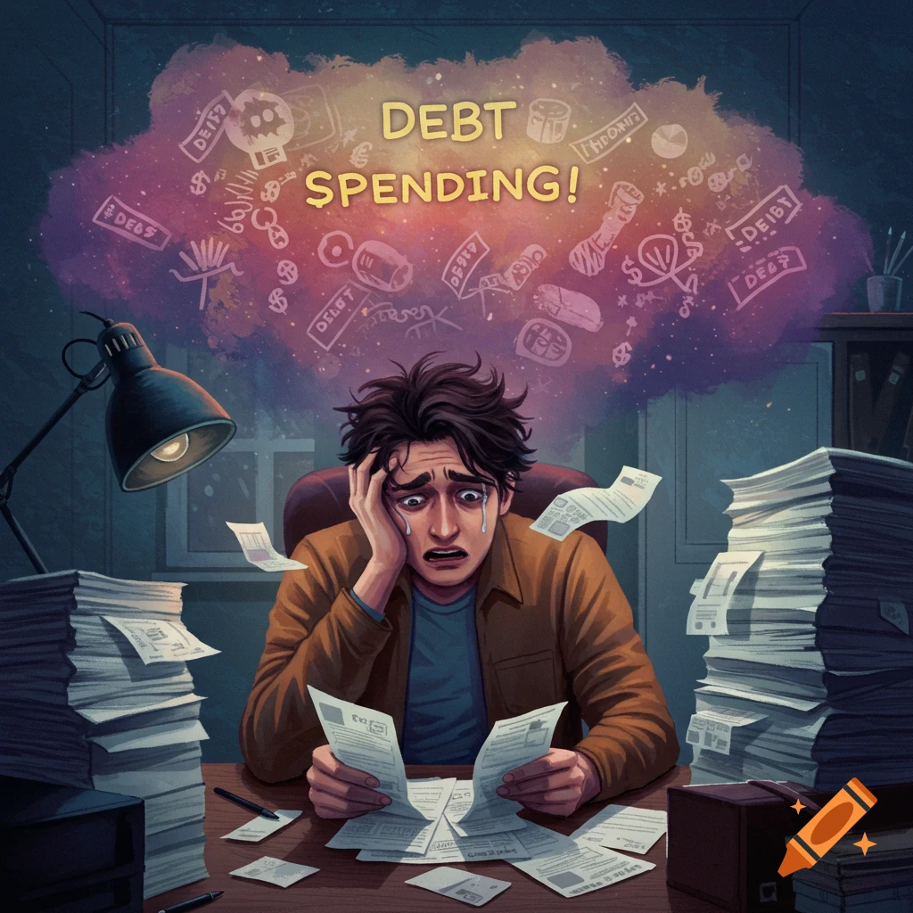 Illustration of a stressed man overwhelmed by bills and debt symbols floating above his head.