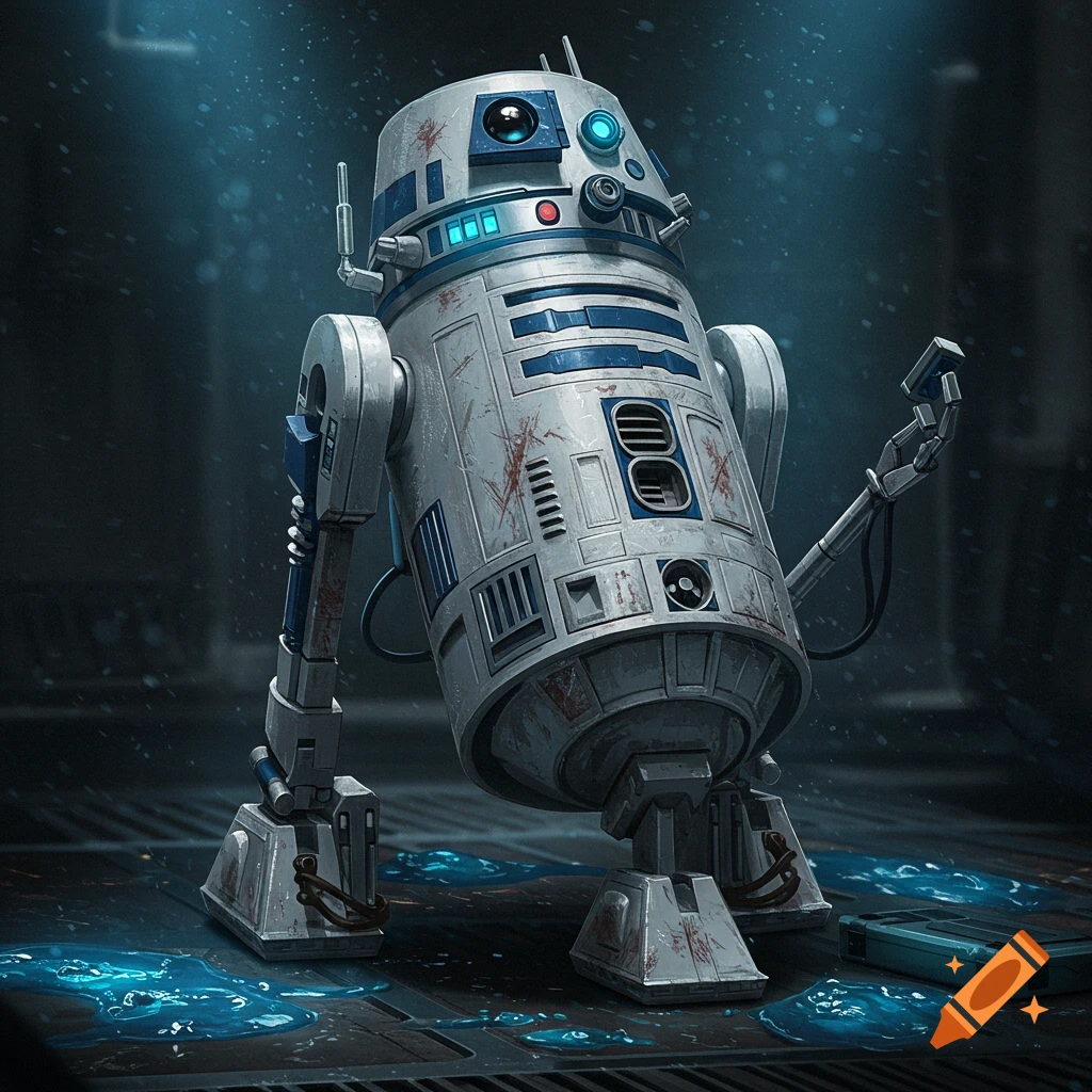 A battle-scarred white and blue droid stands in a wet, dark sci-fi environment, holding out a small device.