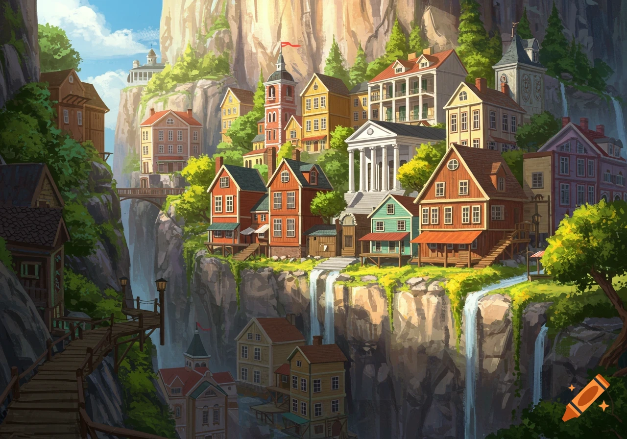 Colourful city with buildings and waterfalls built into a cliff face.