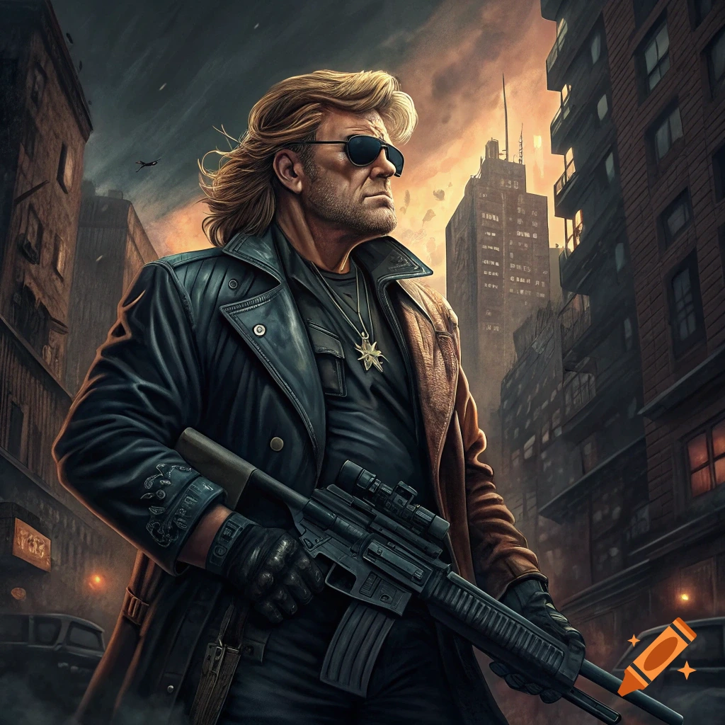 Man with sunglasses and trench coat holds a rifle in a city street.