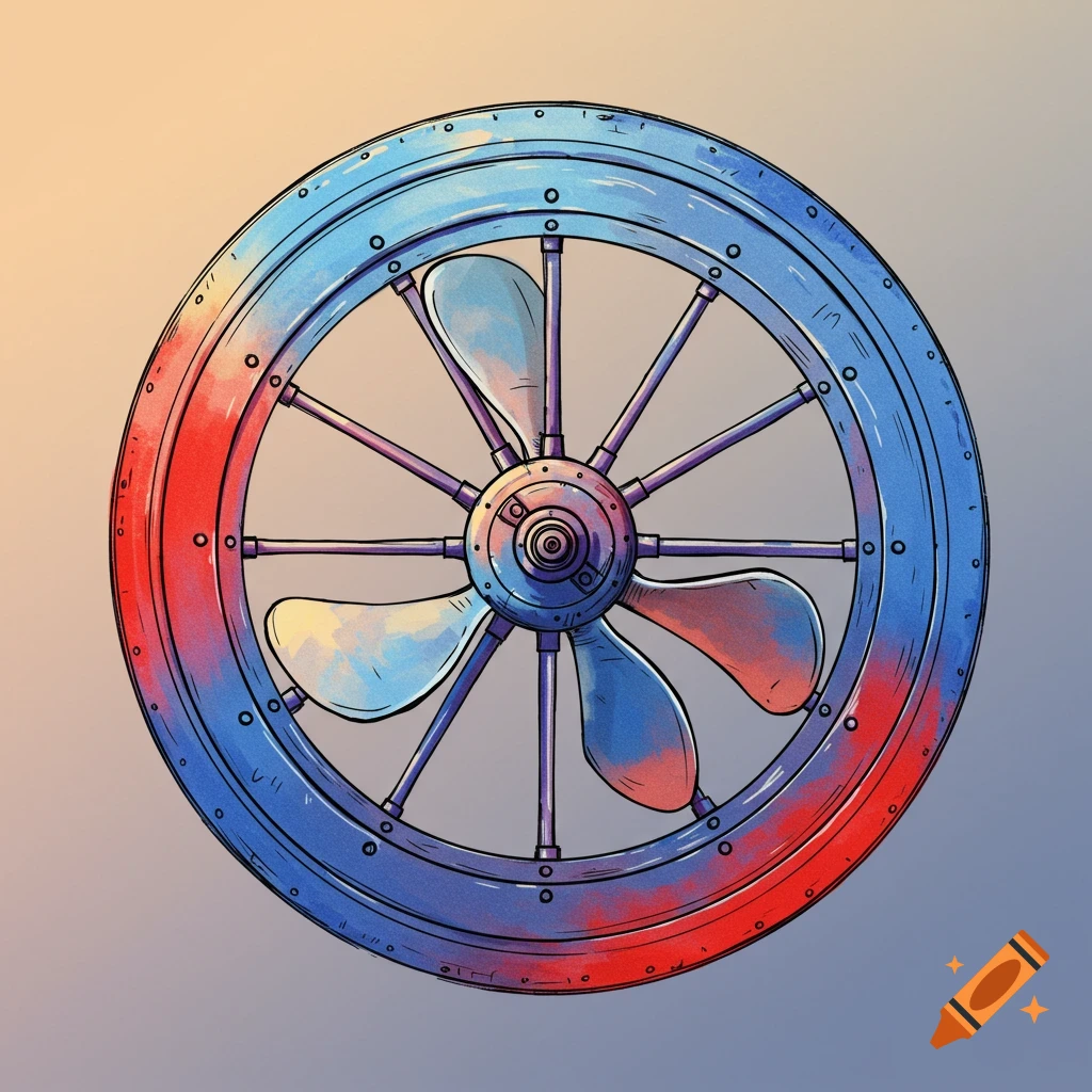 Illustration of a mechanical wheel with a boat propeller as spokes, in a sketchy style.