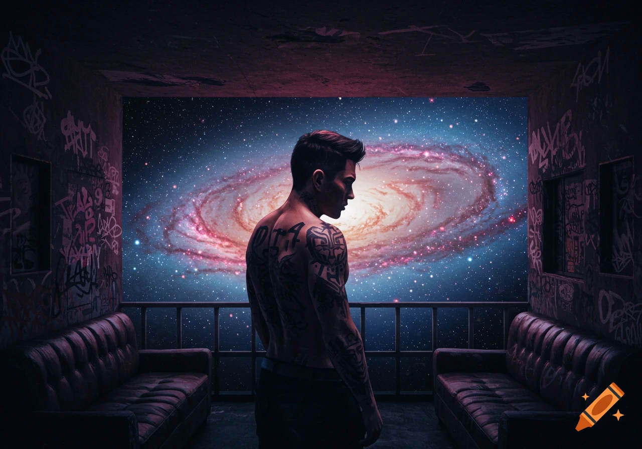 Man with tattoos looks out from a graffiti-covered room at a swirling galaxy.