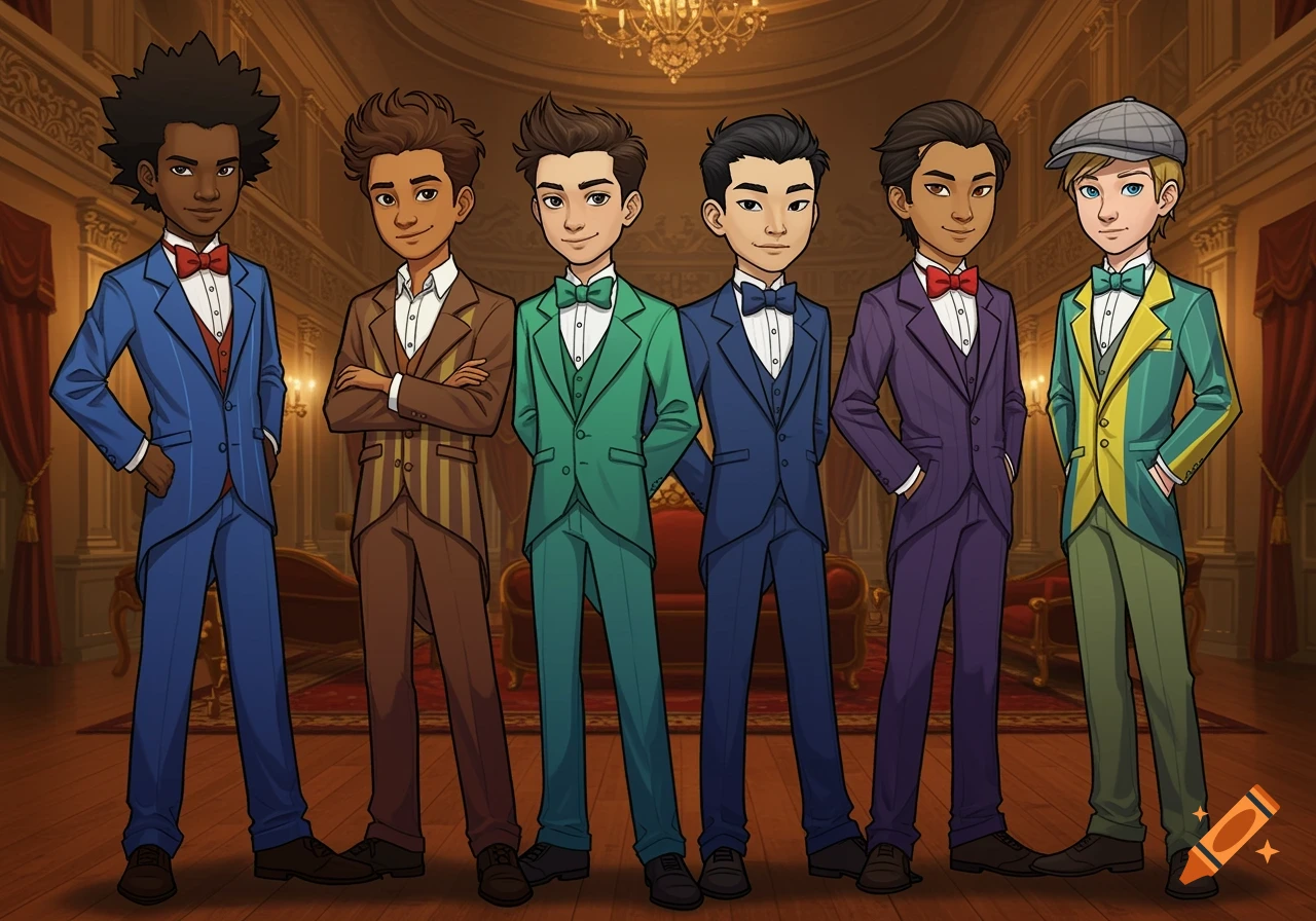 Cartoon illustration of six diverse teenage boys in colorful tuxedos standing in an opulent ballroom.