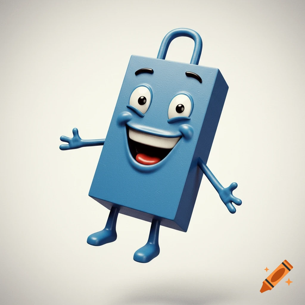 A happy blue cartoon character shaped like a padlock or shopping bag, smiling brightly.